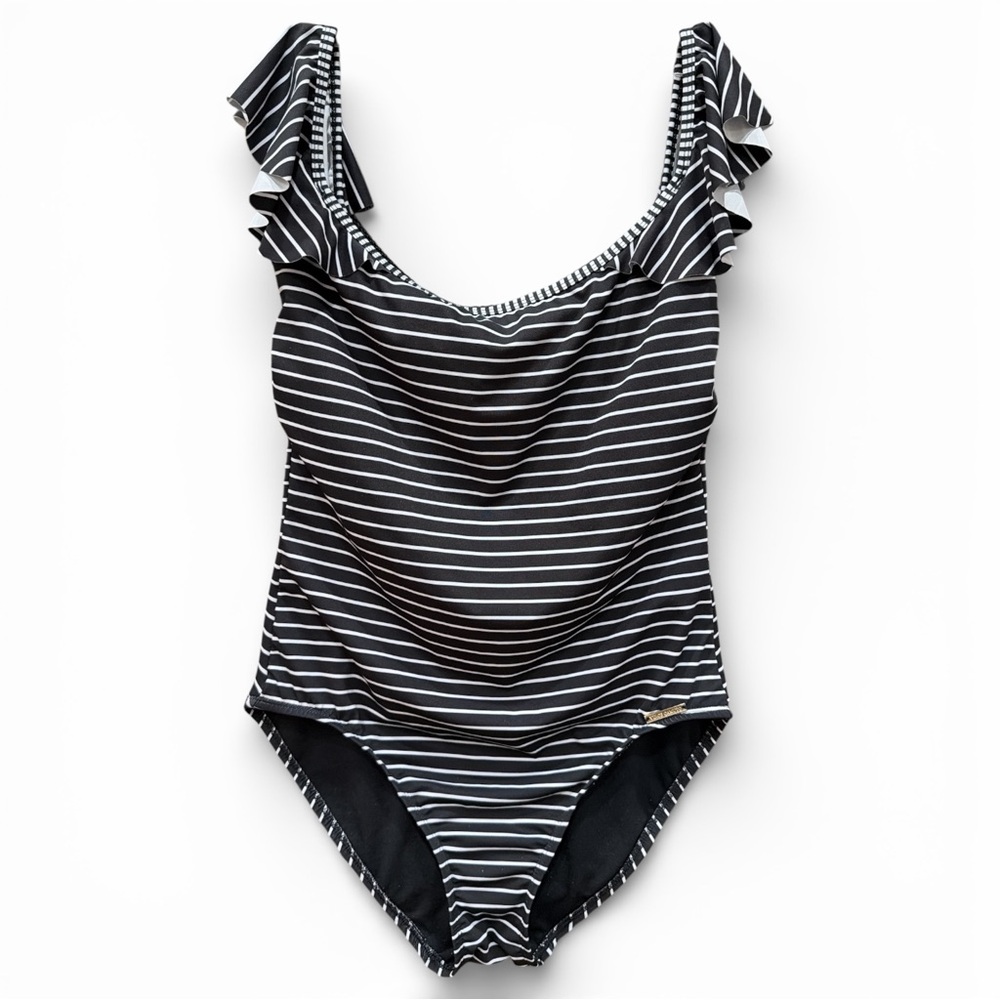 VINCE CAMUTO One-Piece Swimsuit Black White Stripe Off Shoulder Ruffle Size 12